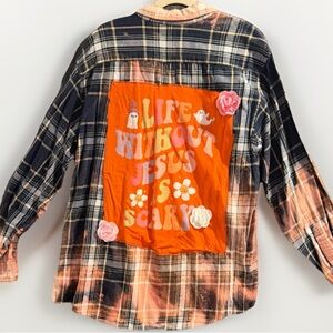 Upcycled David Taylor Flannel Shirt L Tall Bleached Jesus Halloween Patch
